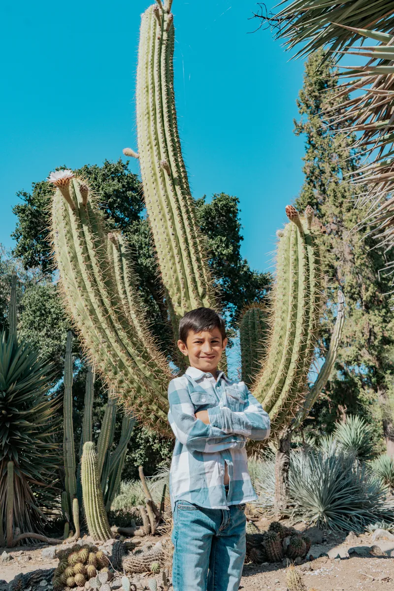 A boy next to a saguaro cactus