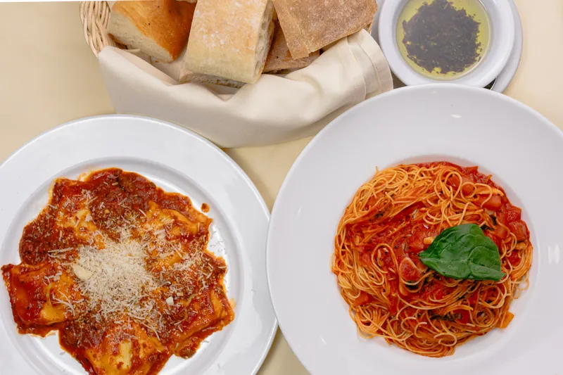 Ravioli, spaghetti, and bread from above