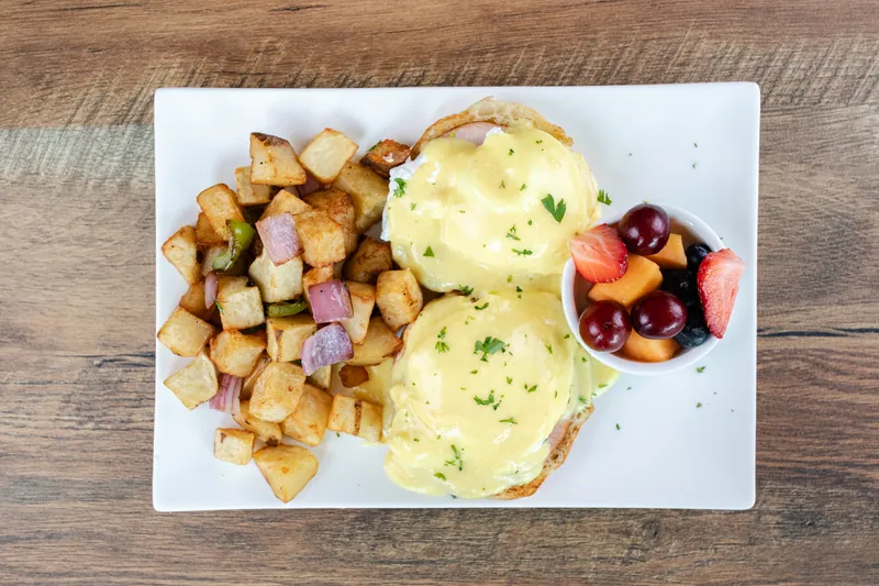 Eggs Benedict with home fries from above