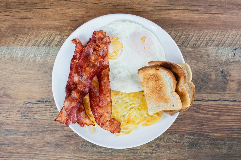 Bacon, eggs, and toast from above