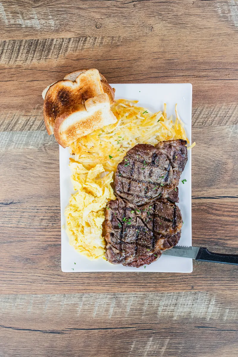 Steak, scrambled eggs, and toast from above